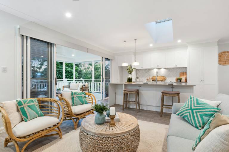 kitchen with an open french doors to the garden